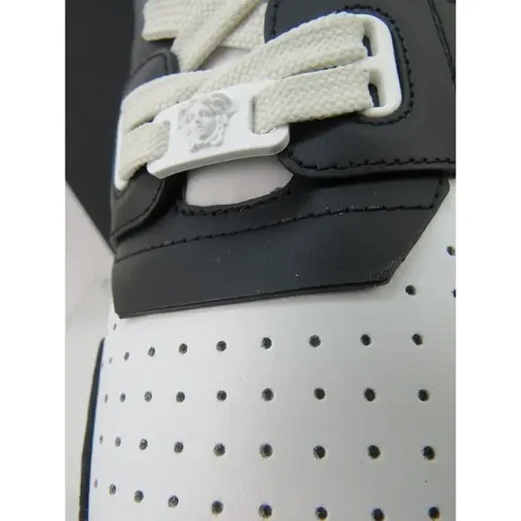 NIB VERSACE BLACK WHITE LEATHER MEDUSA HEAD LOW TOP SNEAKERS US 14 EUR 47 ITALY